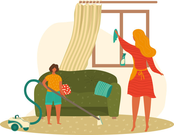 妈妈和孩子在做家庭作业打扫房间图片下载