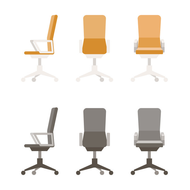 孤立的现代平面矢量插图办公椅在不同的观点。前扶手椅，后扶手椅，侧面角度。图片下载