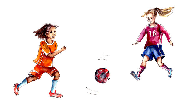 水彩插图。年轻女孩踢足球。孤立在白色背景上图片下载