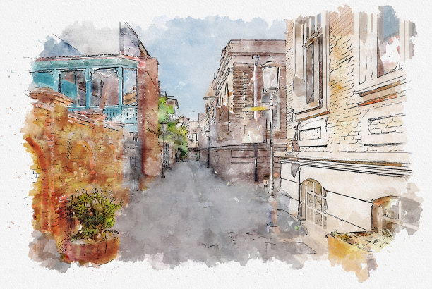 第比利斯的欧洲传统城市建筑的美丽景色的水彩画素描或插图。格鲁吉亚首都图片下载