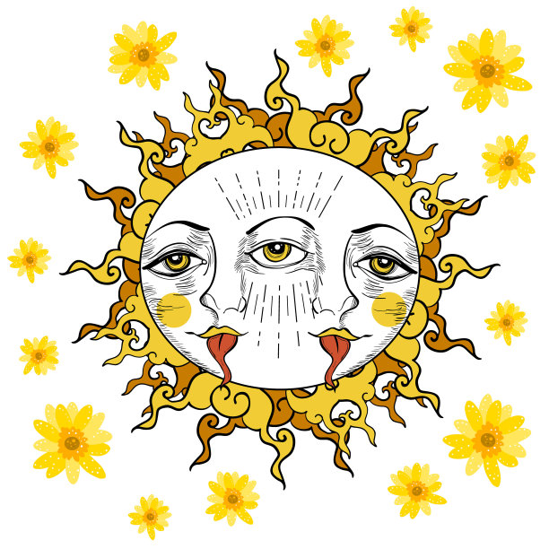 有趣的太阳插图与洋甘菊花。嬉皮和波西米亚风格。图片下载