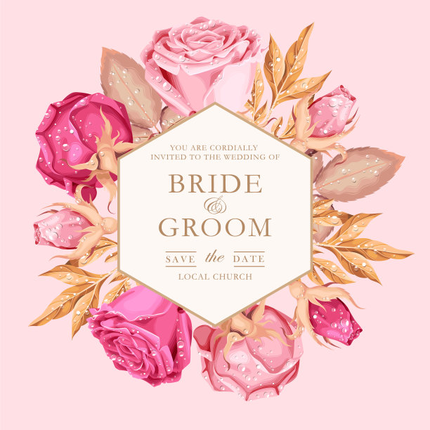复古粉红玫瑰的婚礼请柬图片下载