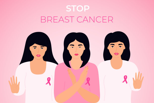 全国乳腺癌宣传月。一群胸前系着粉色丝带的不同女性做出了停止的手势图片下载