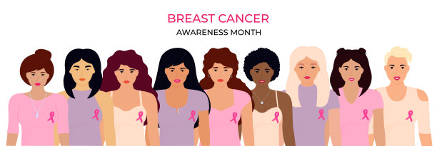 全国乳腺癌宣传月。一群系着粉色丝带的多民族妇女。图片下载
