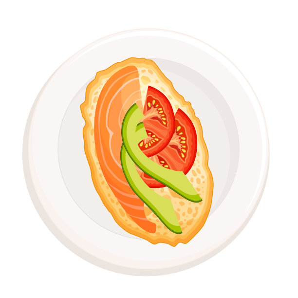 吐司配鱼、鳄梨和番茄。意式烤面包和鲑鱼。美味的三明治俯视图。图片下载