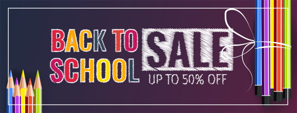 带着学校用品的促销横幅回到学校。教育，电子学习，儿童班，文具店的概念。图片下载