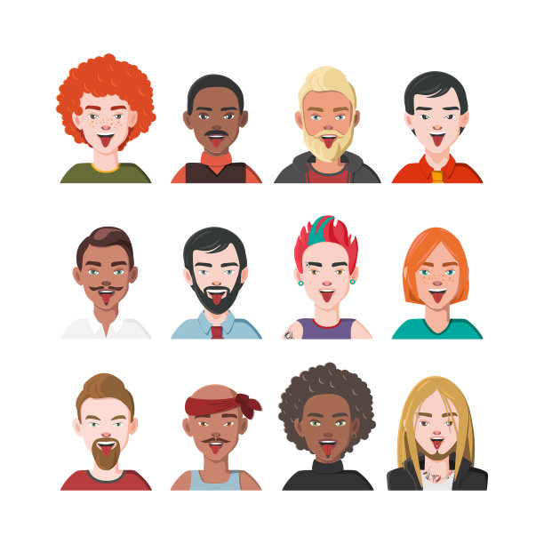 一组男人的化身。来自不同亚文化和社会阶层的十二个人物。Blep美丽的男人。文化的多样性。矢量插图。图片下载