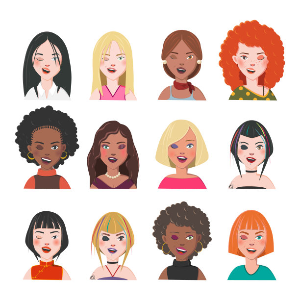 一组女性化身。来自不同亚文化和社会阶层的十二个人物。眨眼的漂亮的女人。文化的多样性。矢量插图。图片下载