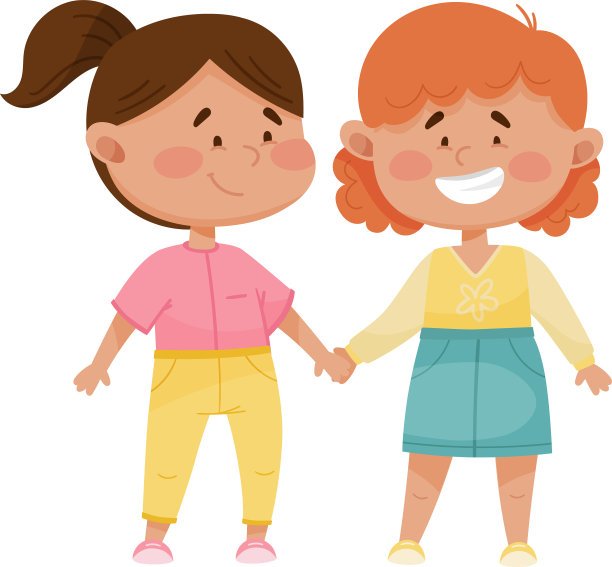 小红脸女孩手牵着手图片下载