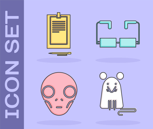 设置老鼠，剪贴板与文件，外星人的面孔和眼镜图标。向量图片下载