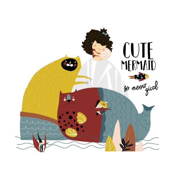 可爱的女孩和他心爱的猫美人鱼图片下载