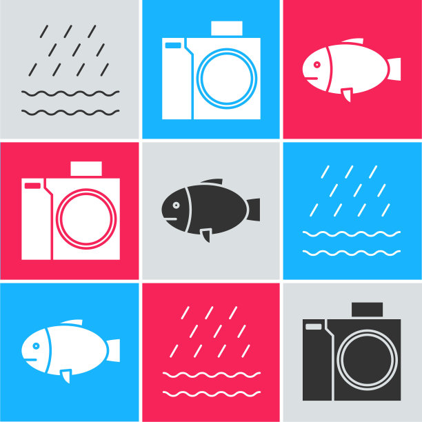 设置雨和海浪，潜水员和鱼图标的照片相机。向量图片下载