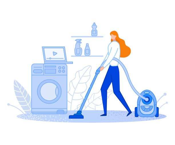 女人在家打扫卫生。家庭主妇是吸尘。使用视频。保持房间整洁。家庭责任的分配。平面卡通矢量插图。可以是海报或横幅。图片下载