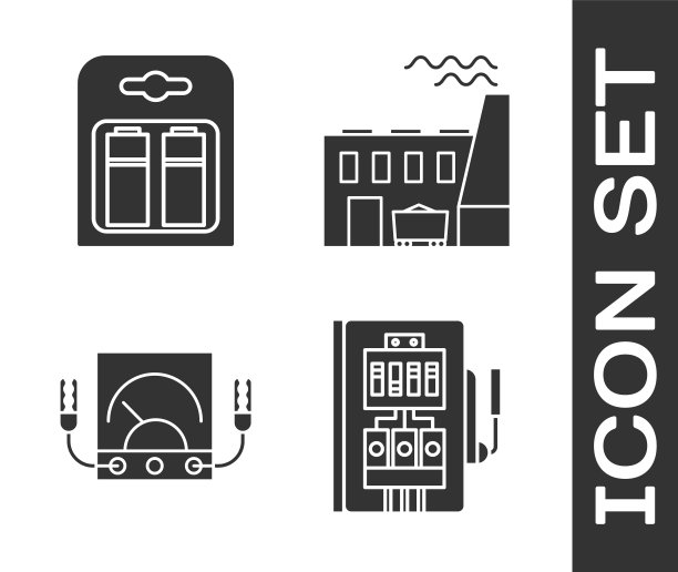 设置电气面板，电池组，安培表，万用表，电压表和煤电工厂图标。向量图片下载