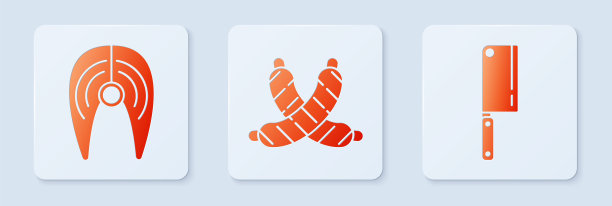 设置交叉香肠，鱼排和切肉机。白色正方形按钮。向量图片下载