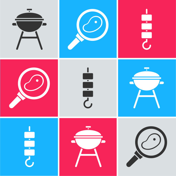 设置烧烤，牛排在煎锅和烤羊肉串串上串图标。向量图片下载