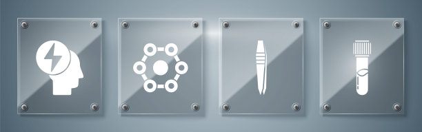 设置试管和烧瓶化学，镊子，化学公式，头部和电子符号。方形玻璃面板。向量图片下载