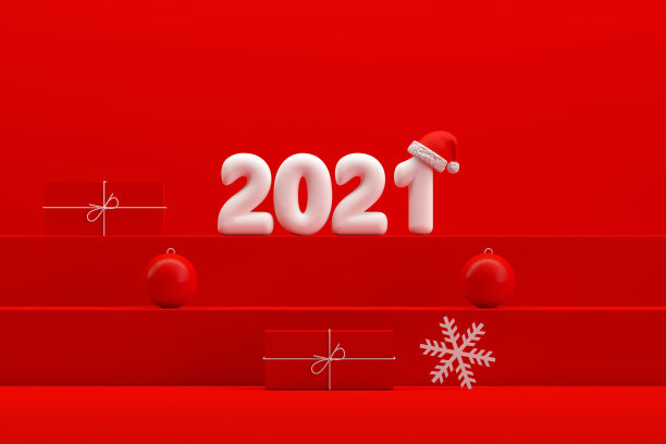 圣诞2021新年概念，红色背景，楼梯站讲台图片下载