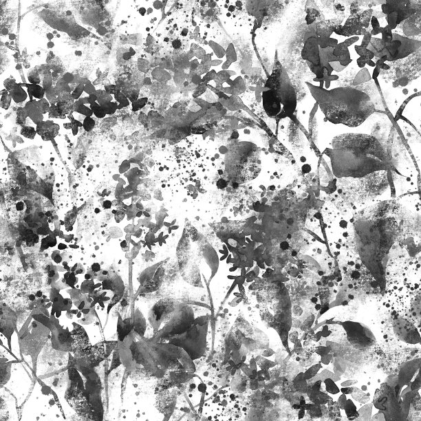 水彩花无缝图案与模糊的丁香花。黑色和白色的自然背景，草甸花与污渍和油漆飞溅，垃圾纹理。时髦的混合设计。图片下载