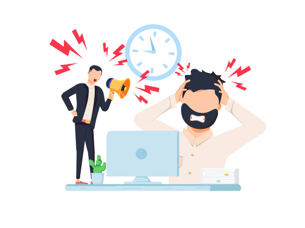 精疲力竭，沮丧的工人，精疲力竭。老板对员工大喊，截止日期。如何缓解压力，急性应激障碍。图片下载