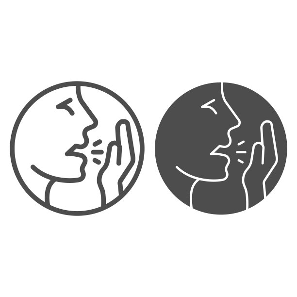 咳嗽时遮住手的线条和实心图标，白色背景上的卫生理念、病毒预防措施标志，手机、网页上的男子遮住嘴用手的轮廓图标。矢量图形。图片下载