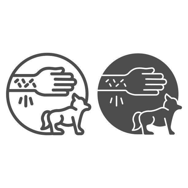 手与刺激皮肤和狗线和固体图标，过敏概念，动物过敏标志的白色背景，对动物的过敏反应在轮廓风格的移动和web图标。矢量图形。图片下载