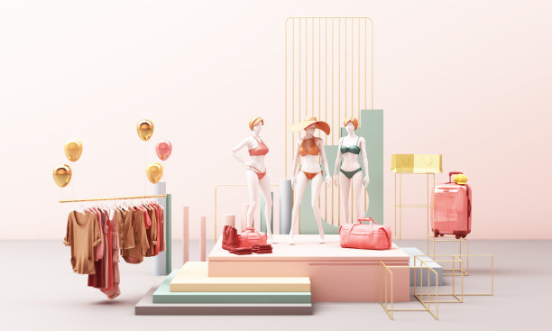 衣服模特衣架周围的包和市场道具与几何形状粉彩3d渲染图片下载