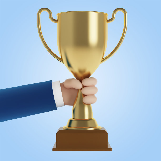 商人手里拿着一个金杯。胜利与成功理念。年度最佳员工。3 d演示。图片下载