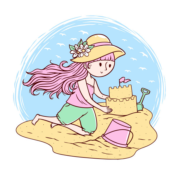 玩沙子的可爱女人矢量插画图片下载