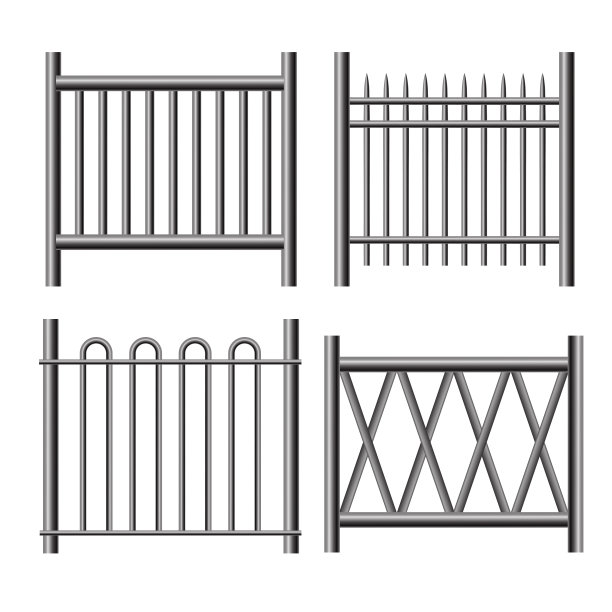 逼真详细的3d闪光金属栏杆栅栏设置。向量图片下载