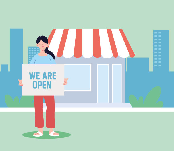 一个女人在他当地的生意上举着开放的横幅图片下载