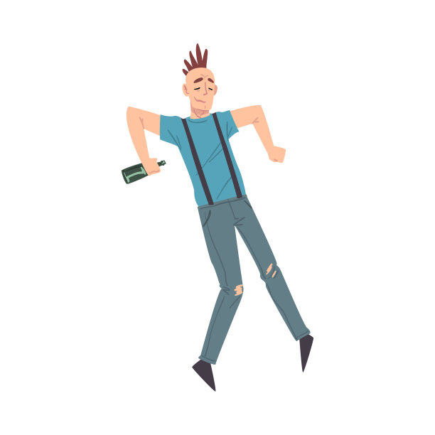 醉汉与酒精饮料瓶子在他的手，醉汉醉汉走Tipsy完蛋，喝醉，坏习惯概念卡通风格矢量插图图片下载