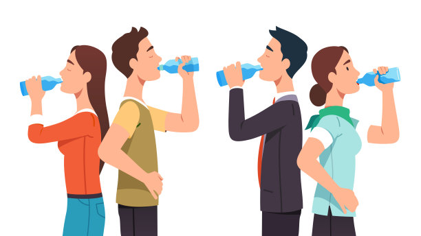 休闲和商业男女夫妇站在和饮用纯净水从玻璃瓶集。口渴的人放松和喝饮料补水。水合作用。平面向量插图图片下载