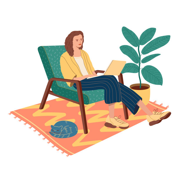 拿着笔记本电脑的女孩坐在椅子上。自由职业者或学习概念。女孩带着笔记本在家里。拿着笔记本坐在椅子上的女孩。拿着笔记本坐在椅子上的女孩。平面现代矢量图图片下载