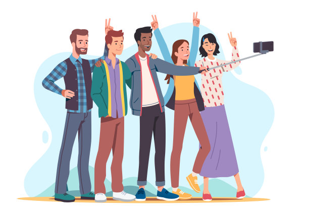 年轻男女用手机自拍杆合影，展示胜利标志，一起玩乐。拥抱朋友的照片。平面矢量字符插图图片下载