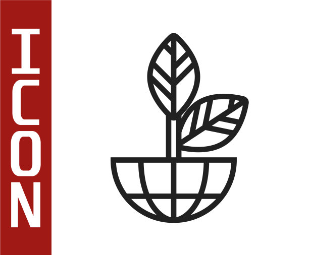 黑线地球仪和植物图标隔离图片下载