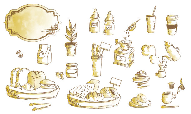 水彩模拟风格烘焙咖啡馆矢量插图材料集图片下载