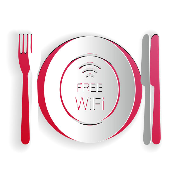 剪纸餐厅免费Wi-Fi区图标隔离在白色背景。盘子，叉子和刀的标志。纸艺术风格。向量图片下载