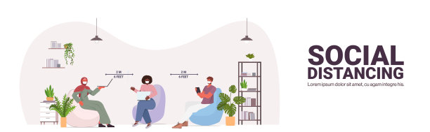 戴着防护口罩讨论的商人们与保持距离的种族同事们一起预防新冠病毒图片下载