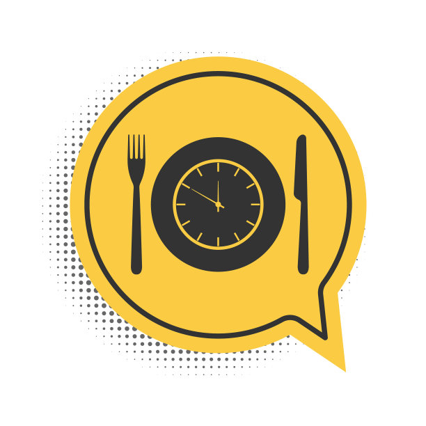 黑色盘子与时钟，叉子和刀图标孤立在白色背景。午餐时间。饮食、营养制度、用餐时间及饮食观念。黄色语音气泡符号。向量图片下载