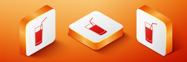 等距软饮料图标孤立在橙色背景。橙色方形按钮。向量图片下载