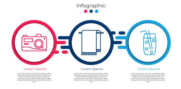 设置线摄影相机，毛巾在衣架上，鸡尾酒和酒精饮料。业务信息图模板。向量图片下载