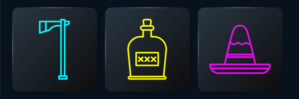 烟斗斧，墨西哥宽边帽和朗姆酒酒瓶。黑色方形按钮。向量图片下载