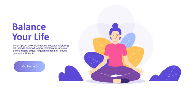 平衡你的生活观念。瑜伽对身体、心灵和情绪的健康益处。美丽的年轻女子坐在自然莲花姿势。登陆页面模板的网站。现代的矢量图图片下载