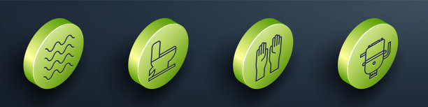 设置等距波，马桶，橡胶手套和电锅炉加热水图标。向量图片下载