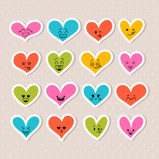 贴纸的心快乐。可爱的卡通人物。明亮的一套心图标。具有不同情感的创意手绘人物图片下载
