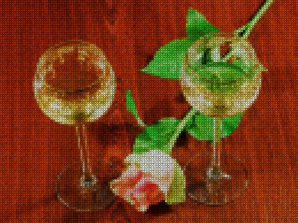 插图。十字绣。两杯优雅的葡萄酒和精致的花玫瑰在一个深色的木制背景。浪漫的气氛图片下载