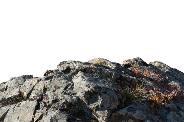 岩石山坡或顶部前景特写孤立在白色背景。元素为哑光绘画，复制空间。图片下载