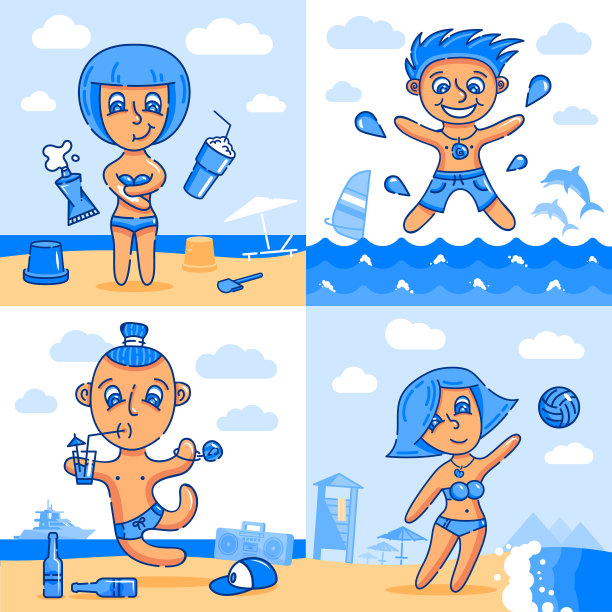 有趣的卡通男孩和女孩在海滩上图片下载