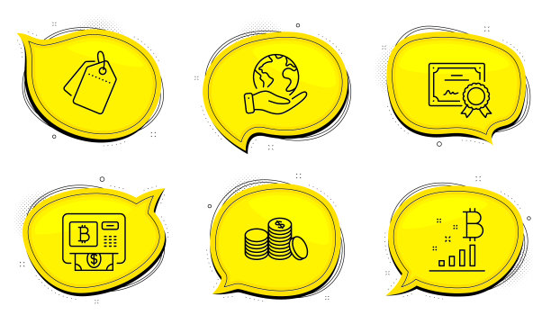 销售标签比特币ATM机和银行货币图标集图片下载